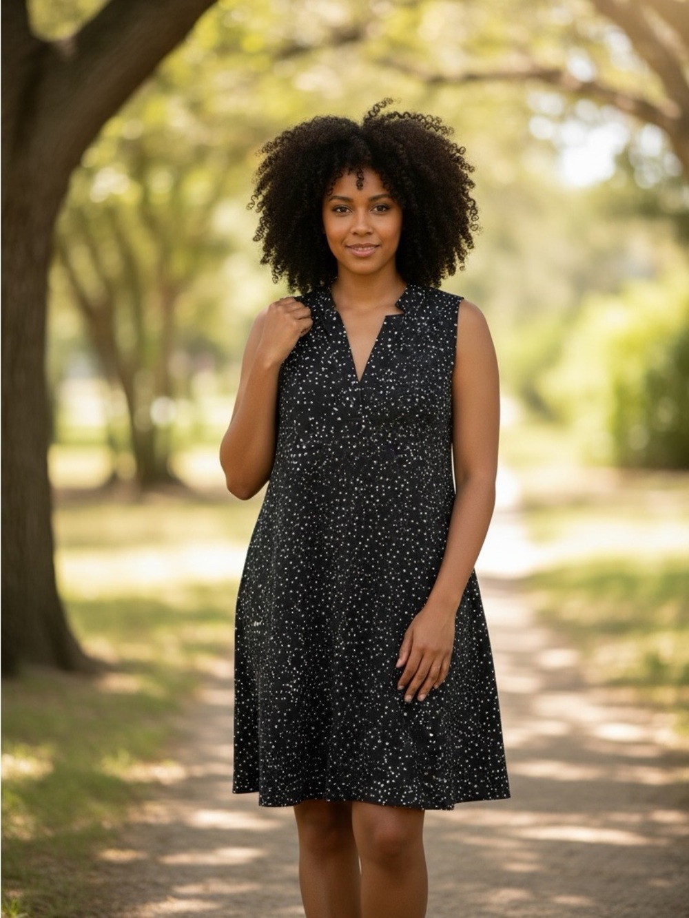 EILEEN Fisher, black and white polka dot, sleeveless dress.